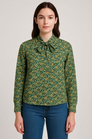 Printed Silk Tie-Neck Top