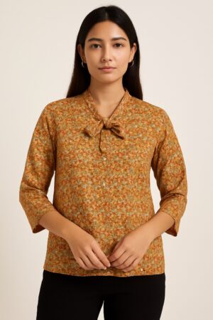 Rust Floral Silk Printed Classic Top