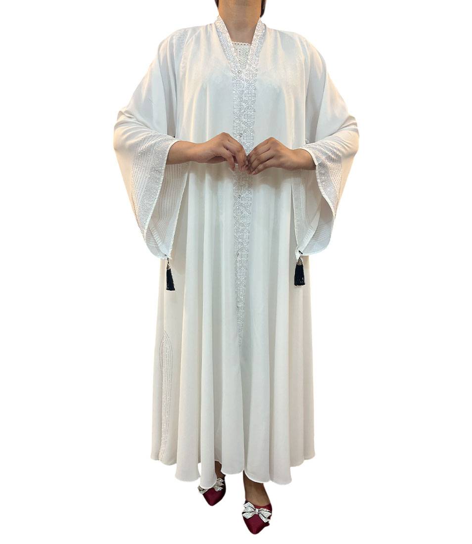 Pearl Glow Embroidered White Abaya Set