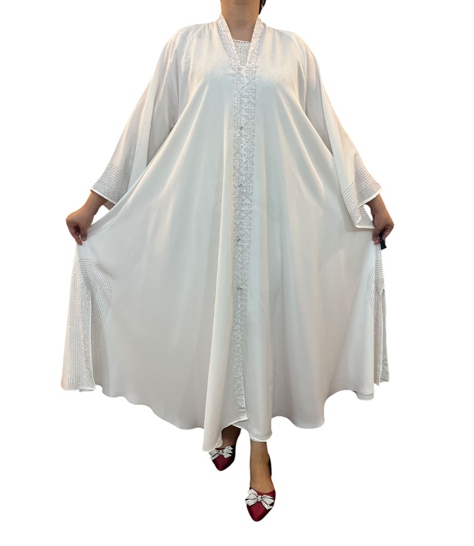 Pearl Glow Embroidered White Abaya Set